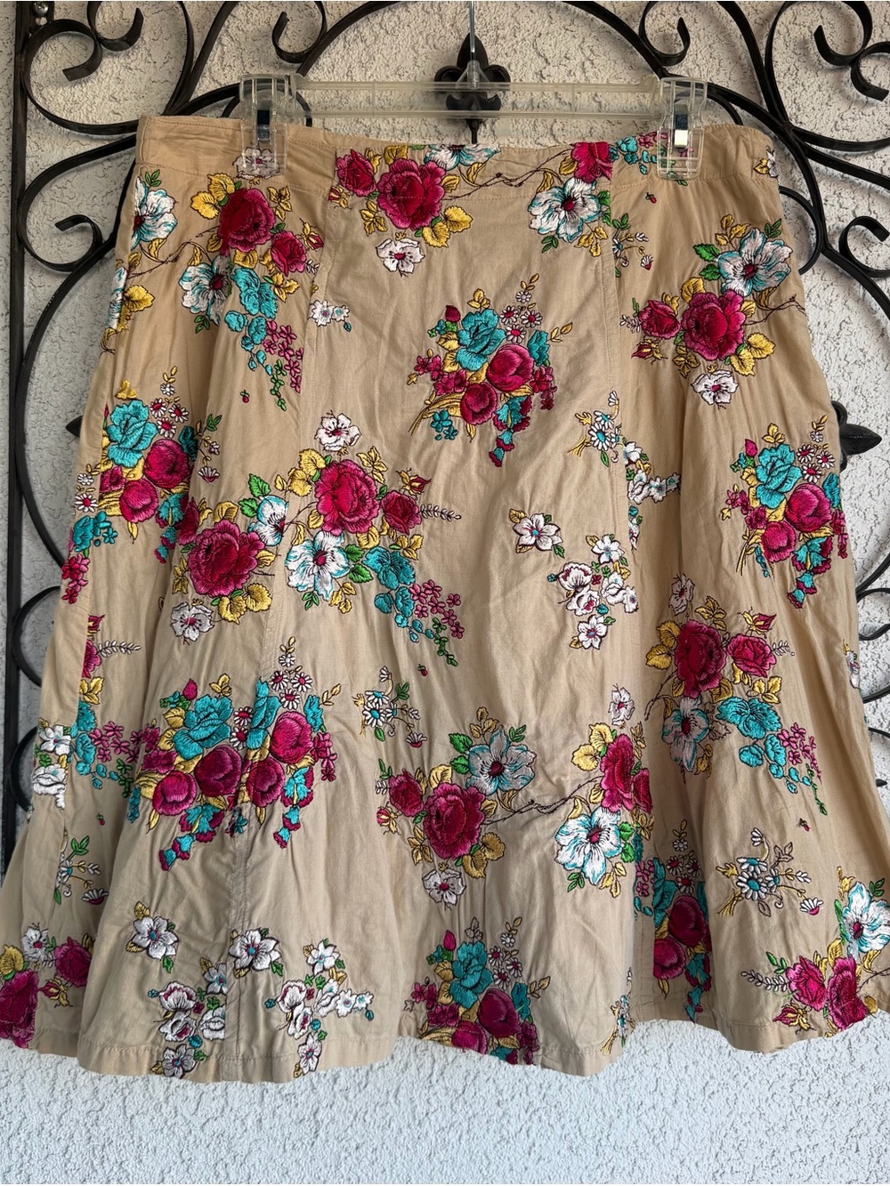 Johnny Was Beige A-Line Skirt with Fuchsia, Teal & Yellow Floral Embroidery
